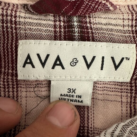 Ava & Viv Burgundy White Plaid Button Down Shirt Plus Size 3X Long Sleeve - Picture 4 of 5